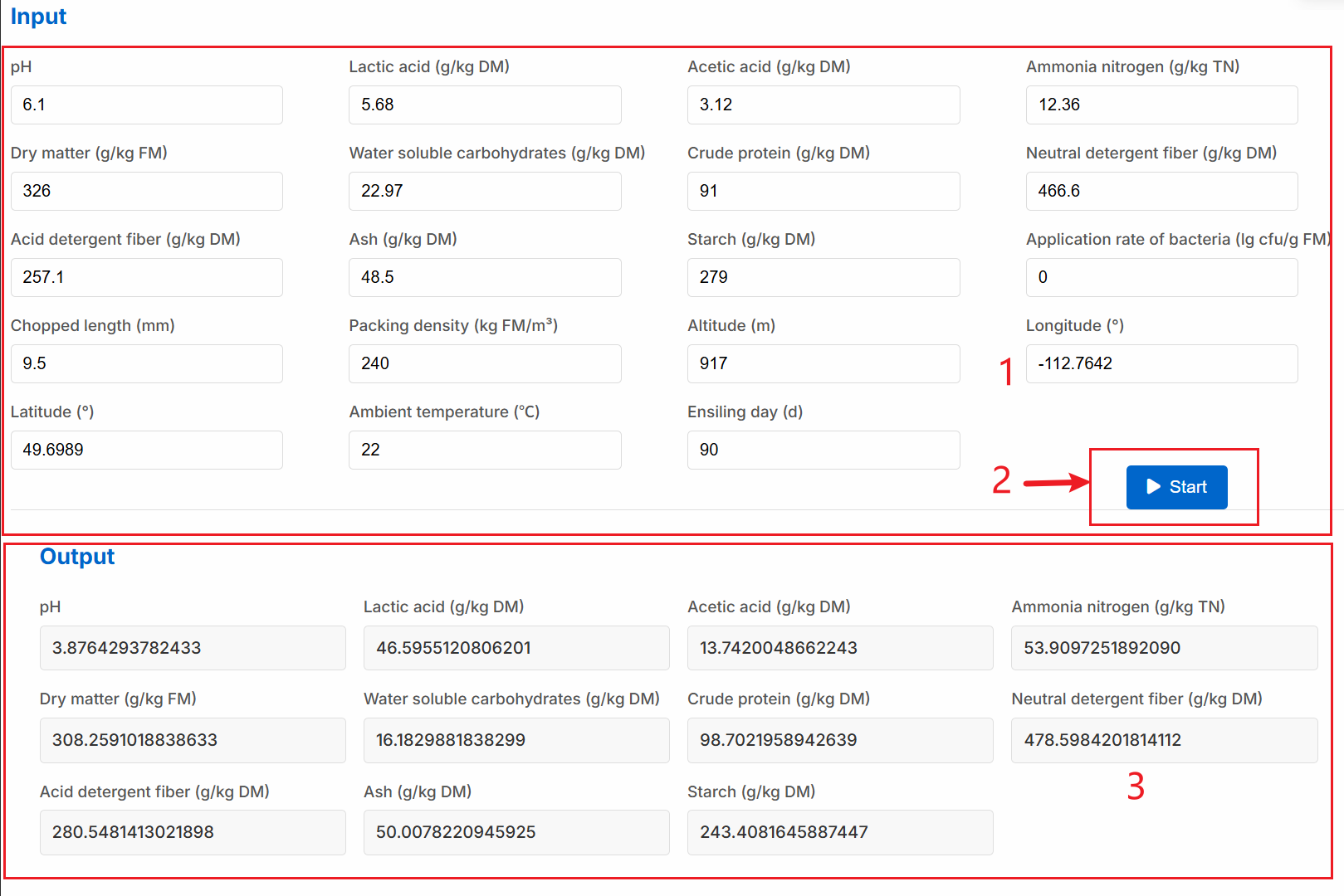 Home page interface with input parameters