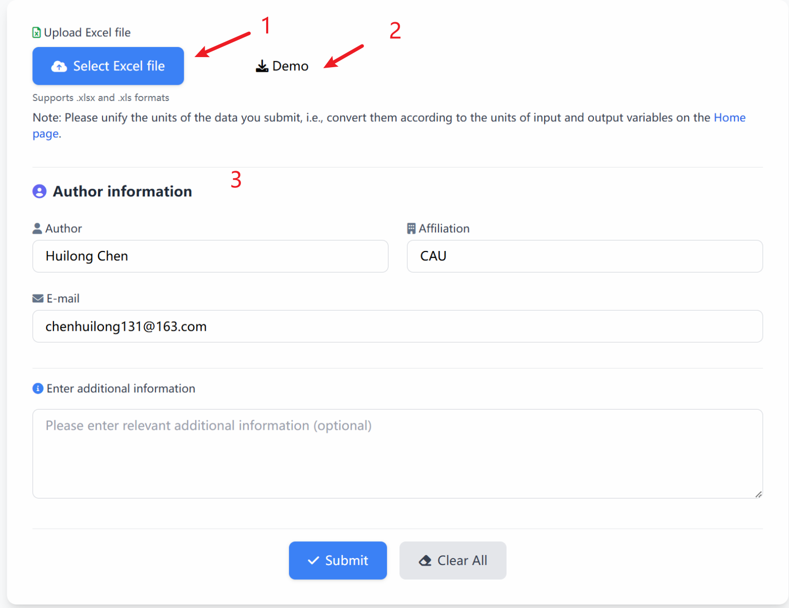 Home page interface with input parameters